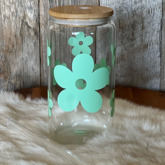 Libbey Iced Coffee Cup Light Green Vinyl Flower - Picture 3 of 5